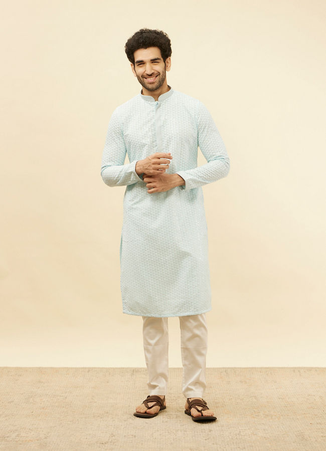 alt message - Manyavar Men Powder Blue Chikankari Sequinned Kurta Set image number 2